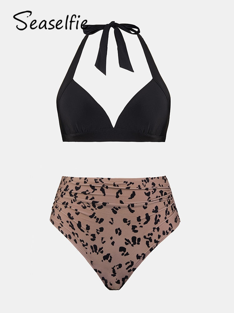 Sexy Black Leopard Halter High Waisted Bikini Set