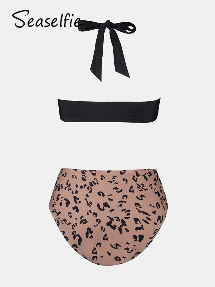 Sexy Black Leopard Halter High Waisted Bikini Set