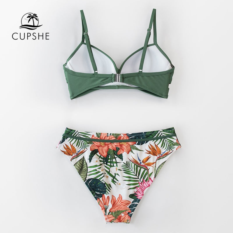 Green Floral Push Up Mid-Waist Bikini Set