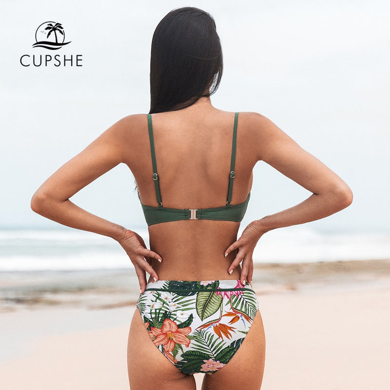Green Floral Push Up Mid-Waist Bikini Set