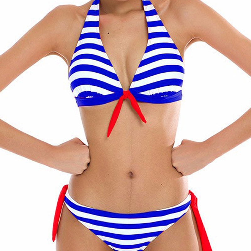 Halter Top Stripes Brazillian Bikini Set