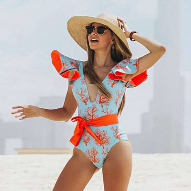 Sexy Ruffle Print Floral One Piece Swimsuit