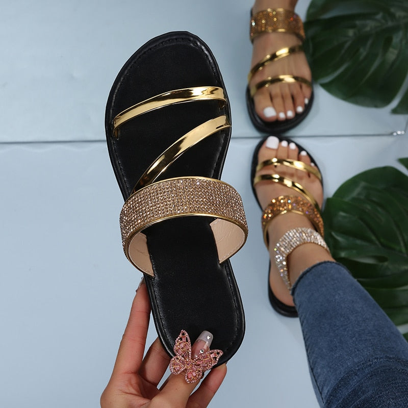Gold Silver Patent Leather Flat Heel Sandals