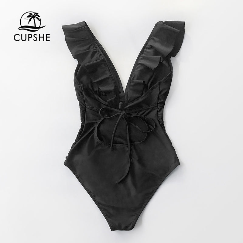 Solid Black Ruffled One-piece Swimsuit